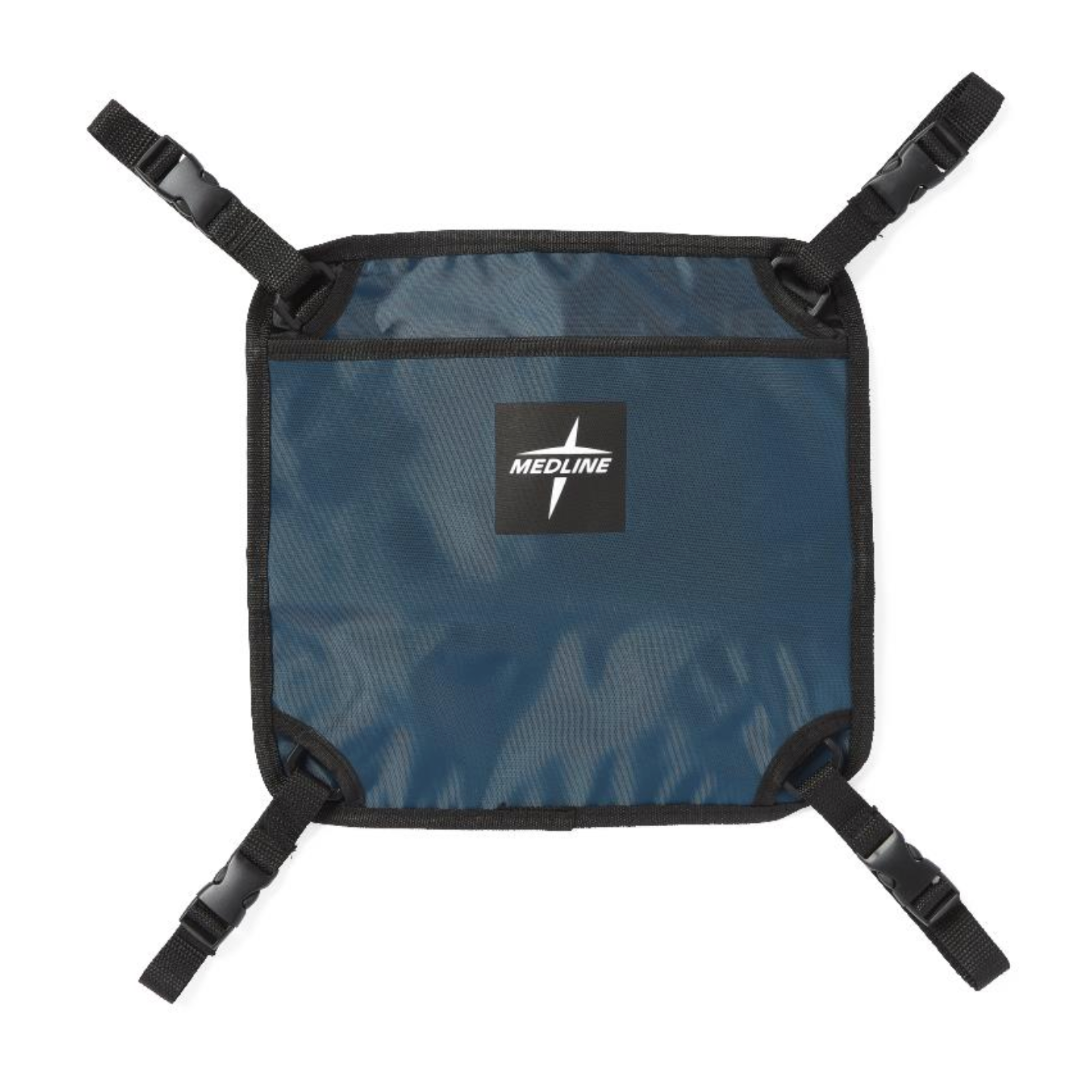 A square blue nylon fabric tray with black edges and corner straps features a black and white Medline logo at the center, designed as an easily accessible walker bag accessory.